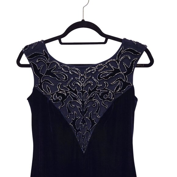 Aidan by Aidan Mattox Navy Blue Velvet Cocktail Dress Size 4 Beaded Mesh Bodice - Picture 3 of 9